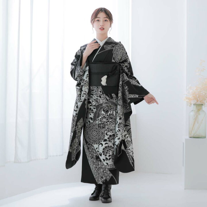 楽天市場】【振袖 レンタル】 結婚式 結納R2115 正絹 黒 銀箔華文鳳凰 