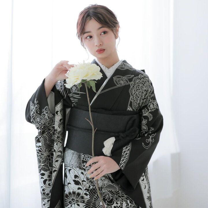 楽天市場】【振袖 レンタル】 結婚式 結納R2115 正絹 黒 銀箔華文鳳凰