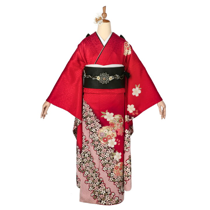 深緋（こきひ）色に熨斗の振袖／標準サイズ | 宅配着物レンタルの