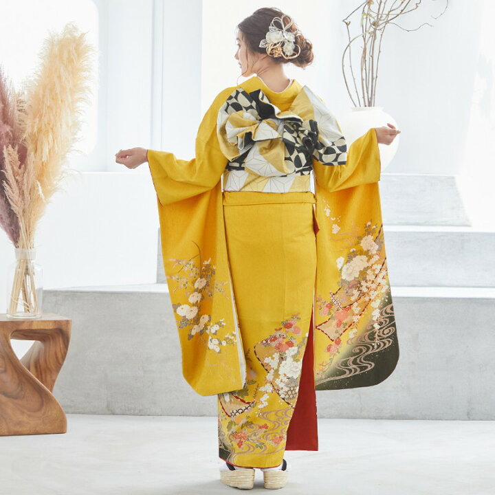 楽天市場】【成人式 振袖 レンタル】RS330 正絹 黄色 花籠文と花絵巻 