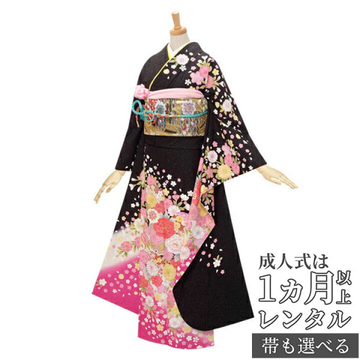 楽天市場】【成人式 振袖 レンタル】RS335 正絹 黒・ラメ 桜と牡丹フル 