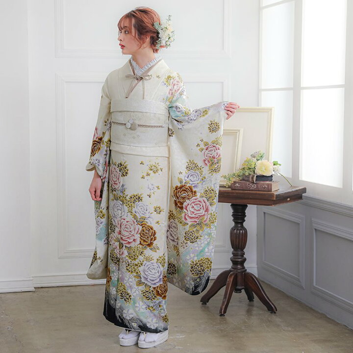 楽天市場】〔成人式 振袖 レンタル〕RS586 正絹 白 薔薇と孔雀（R554 