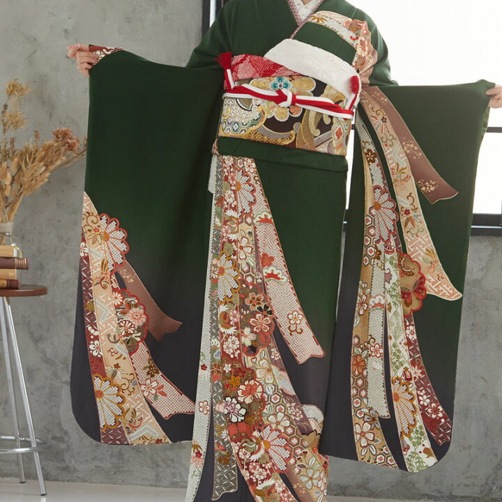 楽天市場】【振袖 レンタル】 結婚式 結納R674 正絹 深緑 熨斗に菊文 