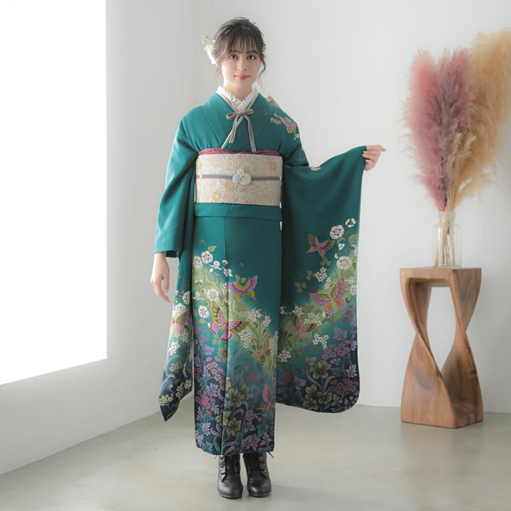 楽天市場】【振袖 レンタル】 結婚式 結納R682 正絹 青緑 蝶と蔓草花 