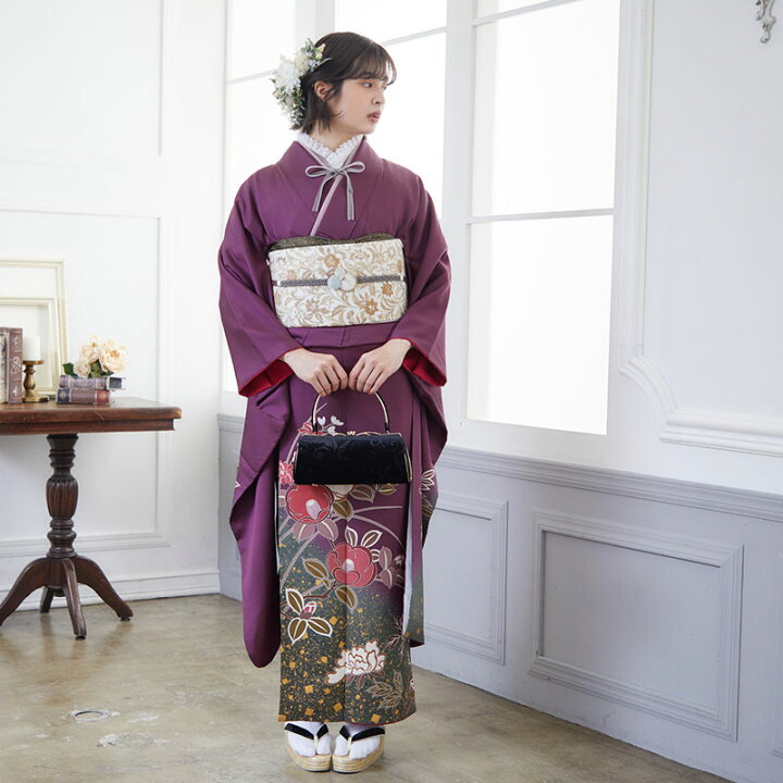 楽天市場】【振袖 レンタル】 結婚式 結納R698 正絹 紫 椿と牡丹 振袖 