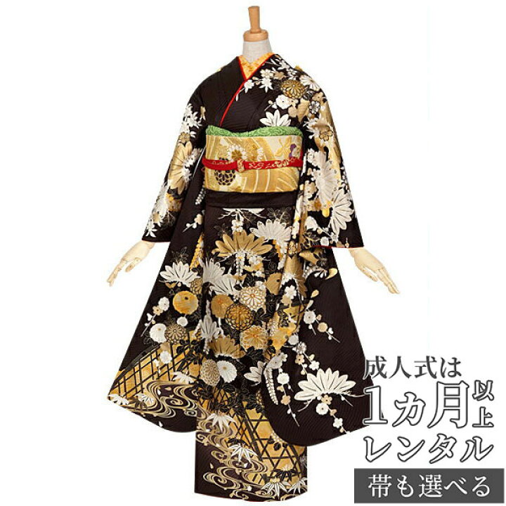 楽天市場】【成人式 振袖 レンタル】RS717 正絹 黒 金彩 菊花に藤松  