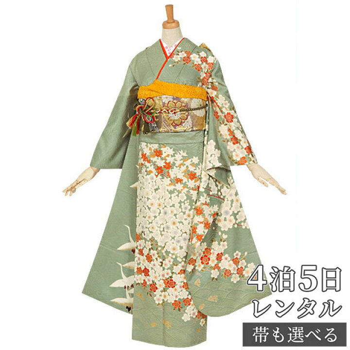 楽天市場 振袖 レンタル 結婚式 結納r731緑灰色 桜楓梅に鶴 振袖 レンタル フルセット ふりそで 振袖セット 振り袖 結婚式 披露宴 親族 卒業式 パーティー 結納 着物レンタル 貸衣装 女性 和服 往復送料無料 京都着物レンタル夢館