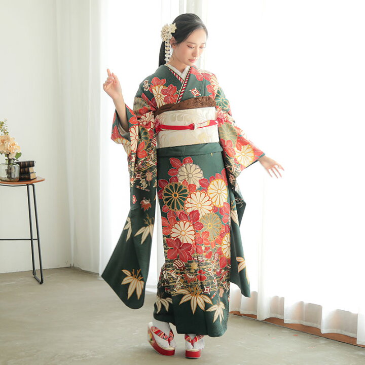 楽天市場】【振袖 レンタル】 結婚式 結納R755 正絹 深緑 菊と笹に 