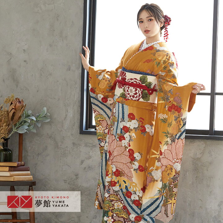 楽天市場】【成人式 振袖 レンタル】RS792 正絹 金茶 金彩波に菊花フル 