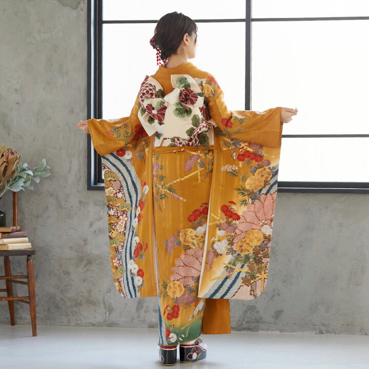 楽天市場】〔成人式 振袖 レンタル〕RS792 正絹 金茶 金彩波に菊花フル 