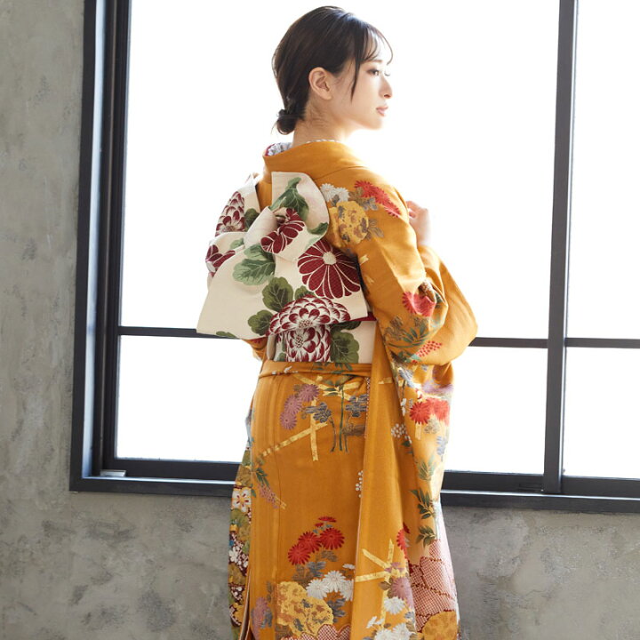 楽天市場】〔成人式 振袖 レンタル〕RS792 正絹 金茶 金彩波に菊花フル 