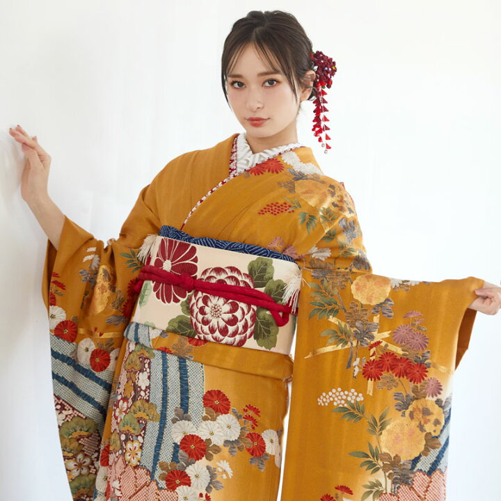 楽天市場】【成人式 振袖 レンタル】RS792 正絹 金茶 金彩波に菊花フル 