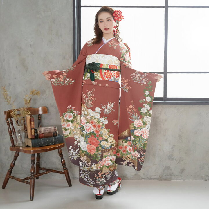 楽天市場】【振袖 レンタル】 結婚式 結納R813 正絹 薄茶 屏風牡丹花車 