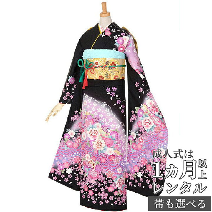 楽天市場】〔成人式 振袖 レンタル〕RS861 正絹 黒 桜牡丹に青海フル 