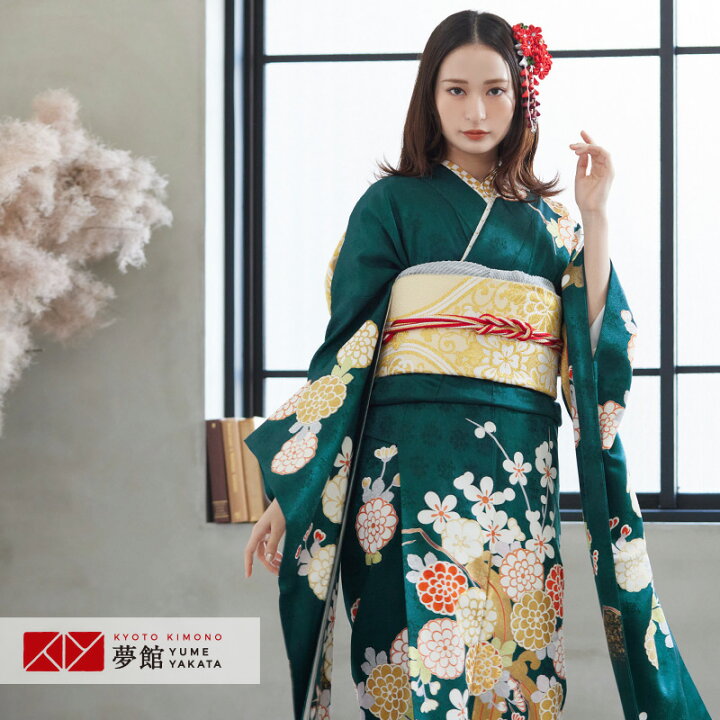楽天市場】【振袖 レンタル】 結婚式 結納R986 正絹 深緑 菊梅に滝文様  