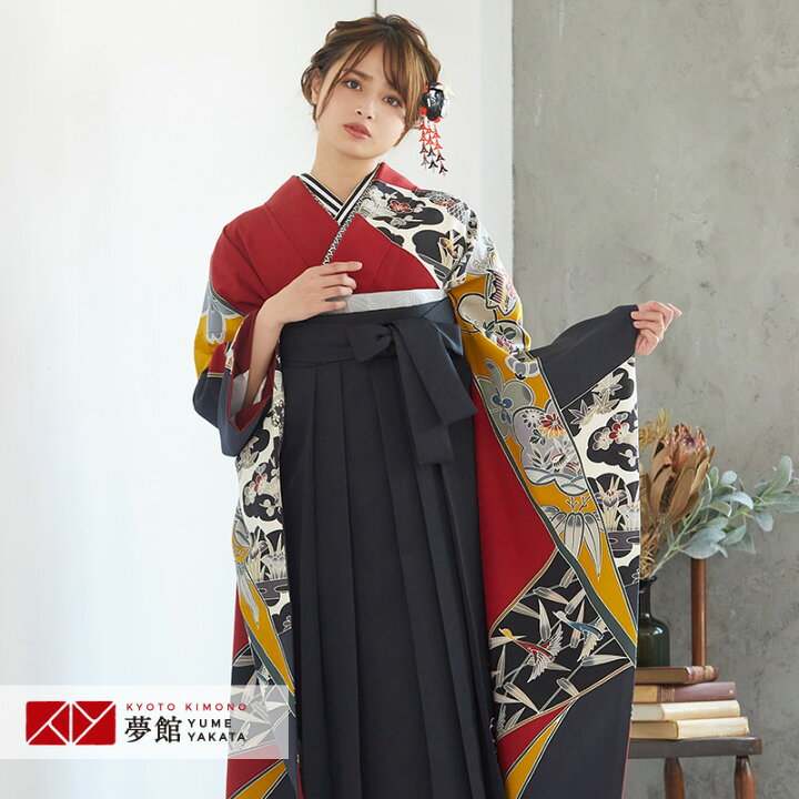 楽天市場 レンタル 袴 レンタル 卒業式 女 袴セット 振袖 袴 Rr1665 正絹 墨色 赤 斜取り 花鳥風景柄 絹 フルセット 貸衣装 女 レディース 送料無料 京都着物レンタル夢館