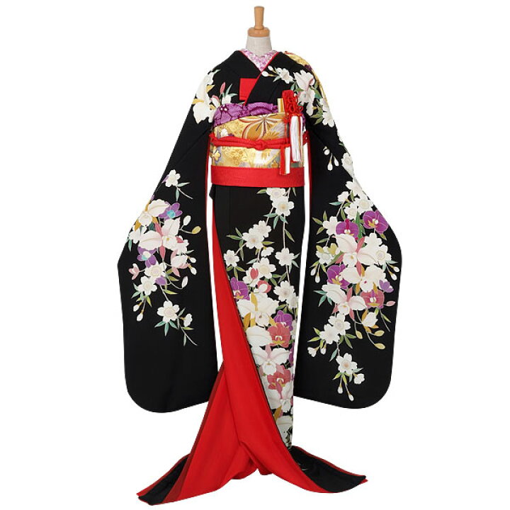 楽天市場】【引き振袖レンタル】フルセット【W006】黒 桜に胡蝶蘭 
