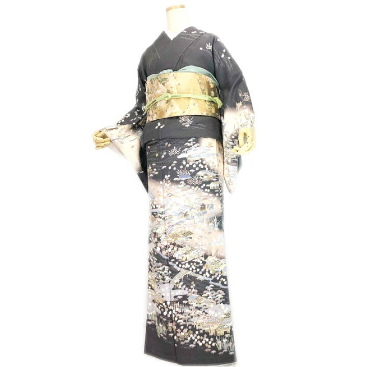 Q3465】Sお仕立て上がり正絹訪問着 濃茶色地に花柄 作家物 