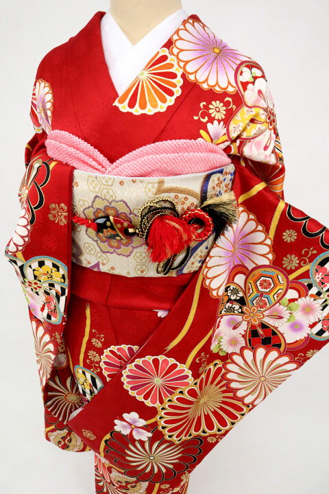 楽天市場】【中古】振袖 長尺 着物 菊に桜 立涌模様 フォーマル 赤 