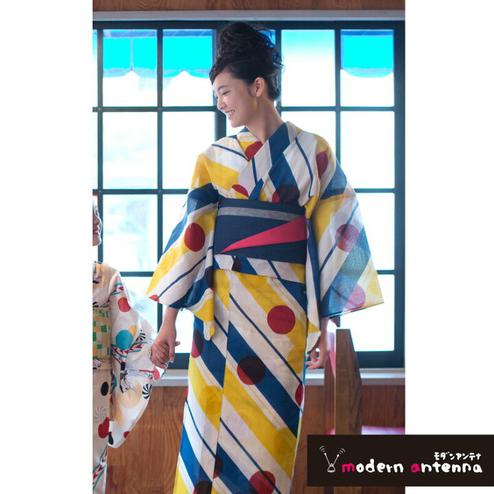 楽天市場 浴衣 レディース 大人 浴衣セット 高級ブランド浴衣 モダンアンテナ 浴衣2点セット ブランド浴衣 選べる帯 綿100 レトロモダン 幾何学 個性的 ポップ ドット柄 青色 黄色 Ykt1550 Z きものひろば悠