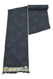 【アウトレット】 【河野商店　本場結城紬・地機】 特選手紡ぎ手織り真綿紬着尺 80山亀甲絣　証明書付 「菊唐草紋・濃紺」 末永く御召頂けるお品 柔らかい真綿の風合い