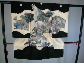 初着レンタル産着和服 紋付お宮詣り お宮参り正絹のしめ鷲 黒 クリーム男の子 祝着掛け着物赤ちゃんベビー キッズ貸衣裳・貸衣装発送料のみ無料お宮参りお初着男・男児No.8-b-2