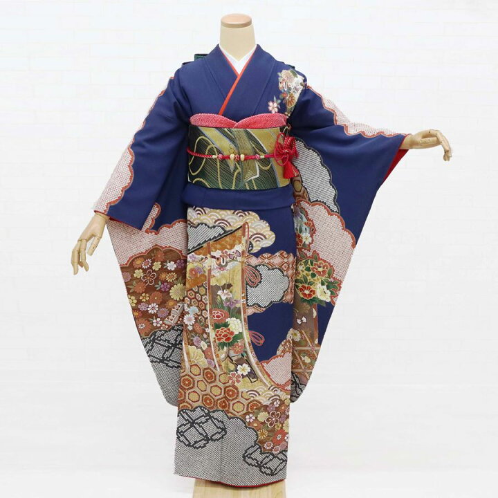楽天市場】振袖 中古 フルセット 長襦袢セット 販売 正絹 成人式 紺 