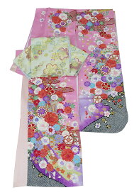 大きめ　3点セット　振袖　袋帯　長襦袢　正絹　紋綸子　ピンク　裄72cm　身丈170cm　【中古】美品　k3628411-3218rym