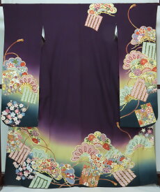 振袖　正絹　ちりめん　紫紺　裄65cm　身丈163cm　【中古】美品　k3808035-3224rym