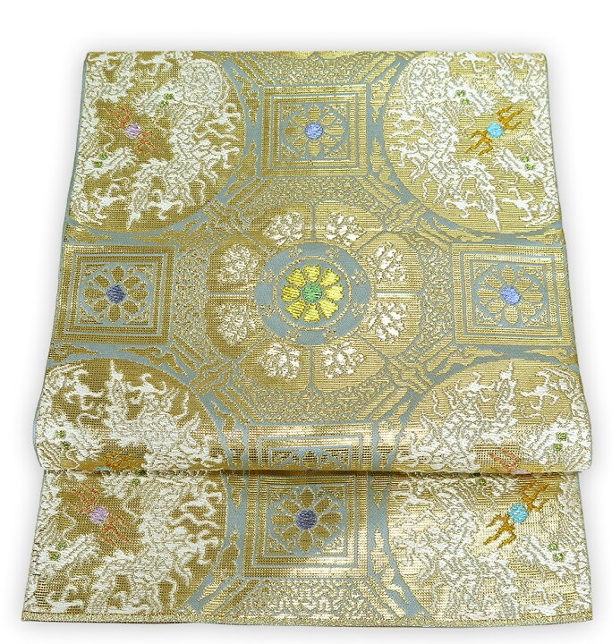 □【中古】美品 龍村平蔵 謹製 六通柄 本袋帯 蜀江文様／ブルーグレー  