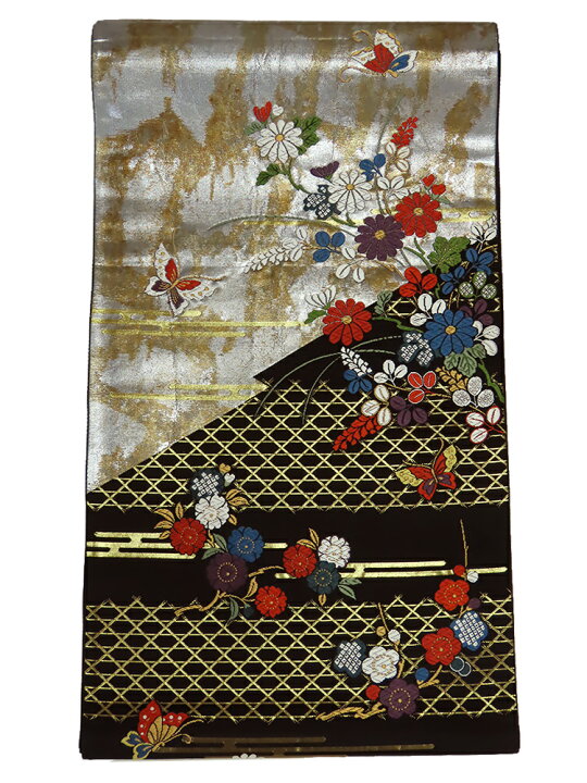 楽天市場】【中古】美品 引箔 六通柄 袋帯 草花文様 黒地 : きものLife