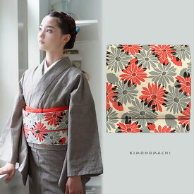 木綿名古屋帯「オレンジレッド×グレー マーガレット」長尺もあります 洒落帯 コットン名古屋帯 【メール便不可】ss2509ong15