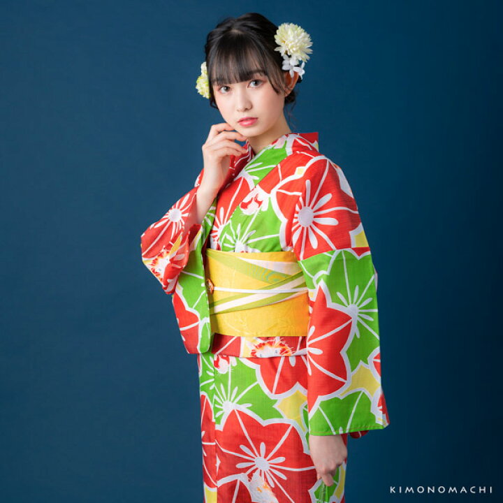 楽天市場】女性 浴衣「赤×もえぎ色 お花と猫」TLサイズ お仕立て上がり