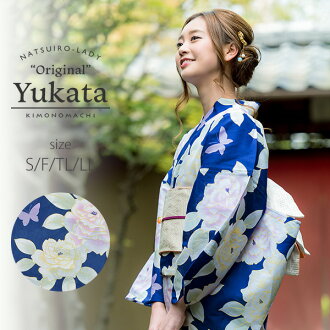在京都和服町原始物浴衣單物品"藍色玫瑰花"S，自由，TL，LL重新流行女性浴衣煙火大會，夏日大狂歡，夏天節日