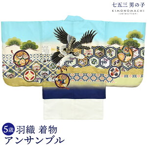 (七五三最大20%OFF10/30迄)七五三 着物 男の子 5歳 羽織・着物アンサンブル 「鷹 水色系」 小柄な5歳 大きな3歳向け 対応身長100〜110cm前後 着物セット 足袋プレゼント15〜21cm レトロ着物セット 5