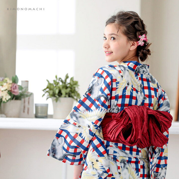 楽天市場 Sale価格据え置き9 12迄 浴衣 子供 女の子 子供浴衣セット 浴衣 帯 浴衣2点セット 赤 青チェック 猫とオウム 110cm 1cm 130cm 140cm 150cm 5サイズ Kimonomachiオリジナル 花火大会 夕涼み おうち時間 こども 子ども キッズ ジュニア メール便不可