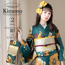 洗える着物 セット 「袷着物：梅 青緑＋京袋帯：日向の白猫」 KIMONOMACHI オリジナル 着物と帯の2点セット サイズS/M/L/LL コーディネート済み着物セット 小紋 レディース キモノ 【メール便不可】ss2509kck10