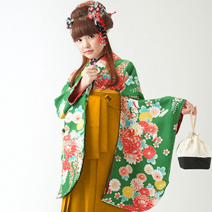 楽天市場】【中古品】卒業式袴セット 「二尺袖：緑 菊と藤の花+袴：金 