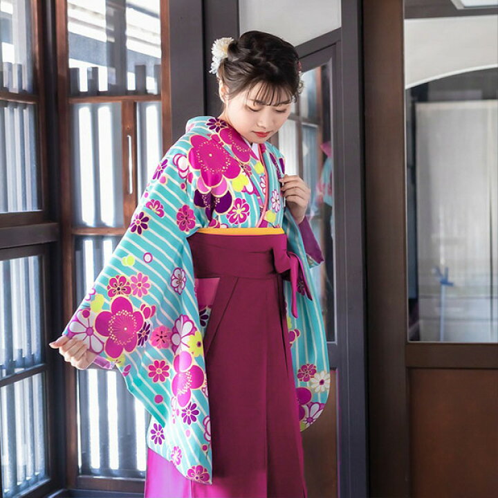楽天市場】【中古品】卒業式袴セット 「二尺袖：水色 縞に梅文様+袴 