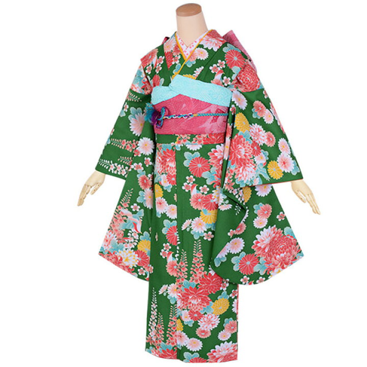 楽天市場 中古品 ジュニア用 振袖単品 緑 菊と藤の花 仕立て上がり 襦袢プレゼント 小振袖 着物 子ども 子供 キッズ ジュニア 女の子 卒業式 小学校 小学生 中学校 中学生 十三参り 十三詣り 1 2成人式 ハーフ成人式 貸衣装処分 レンタル処分品 メール便不可