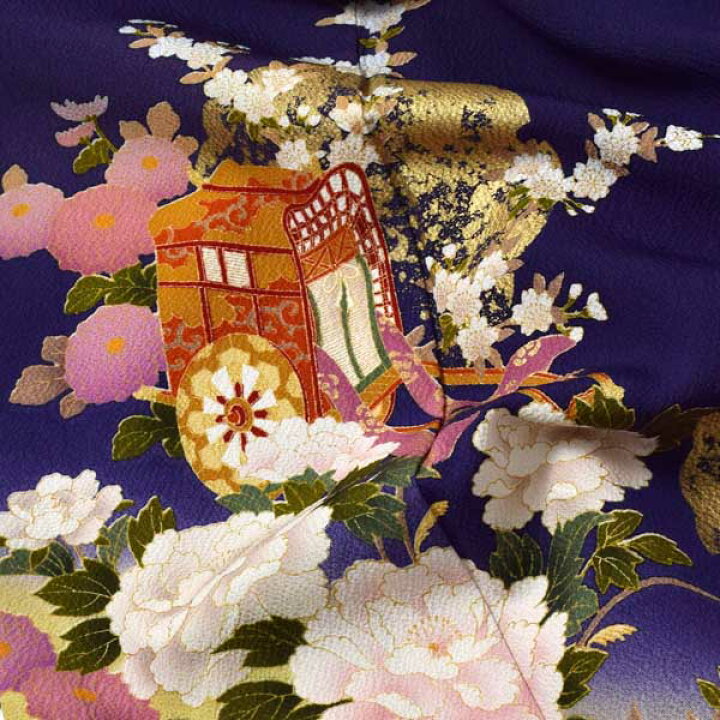 楽天市場】【中古品】仕立て上がり 正絹 振袖「紺紫色 四季花に御所車  