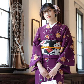 洗える着物 袷着物単品「ばら　紫色」KIMONOMACHI オリジナル きもの福袋から飛び出た着物単品 サイズS/M/L/LL 小紋 カジュアル着物 袷着物 レディース キモノ kimono【メール便不可】ss2506kck10