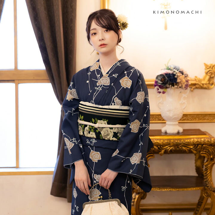楽天市場】洗える着物 袷着物単品「ばら 墨紺色」KIMONOMACHI 