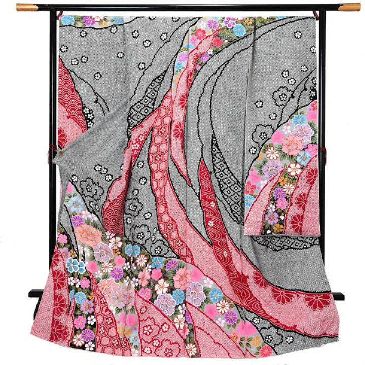 楽天市場】未仕立て 振袖 単品 「黒地 疋田、雪芝取りに牡丹」 仮絵羽 