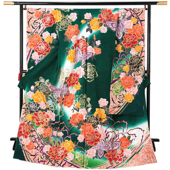 振袖 常盤色 緑色 グリーン 桜梅繋ぎ 七宝地紋 未仕立て 仮絵羽 （楽天 
