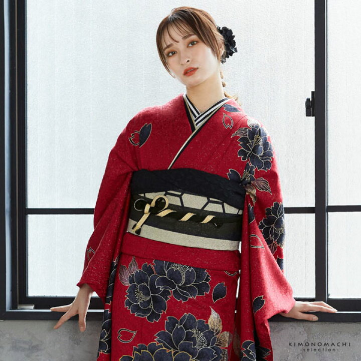 花模様振袖袋帯黒地赤白金 