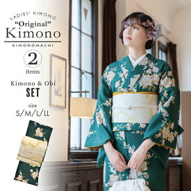 洗える着物 セット「袷着物：ストライプブーケ グリーン＋京袋帯：日向の白猫」KIMONOMACHI オリジナル 着物と帯の2点セット サイズS/M/L/LL コーディネート済み着物セット 小紋 レディース キモノ【メール便不可】ss2512kck10