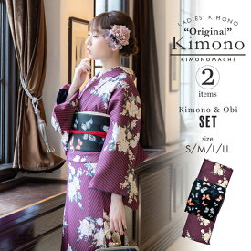 洗える着物 セット「袷着物：ストライプブーケ プラム＋京袋帯：黒 郡蝶」KIMONOMACHI オリジナル 着物と帯の2点セット サイズS/M/L/LL コーディネート済み着物セット 小紋 レディース キモノ【メール便不可】ss2512kck10