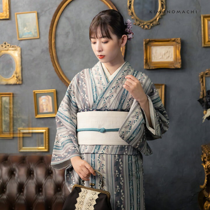 楽天市場】洗える着物 袷着物単品「縞すずらん パープル×グリーン 