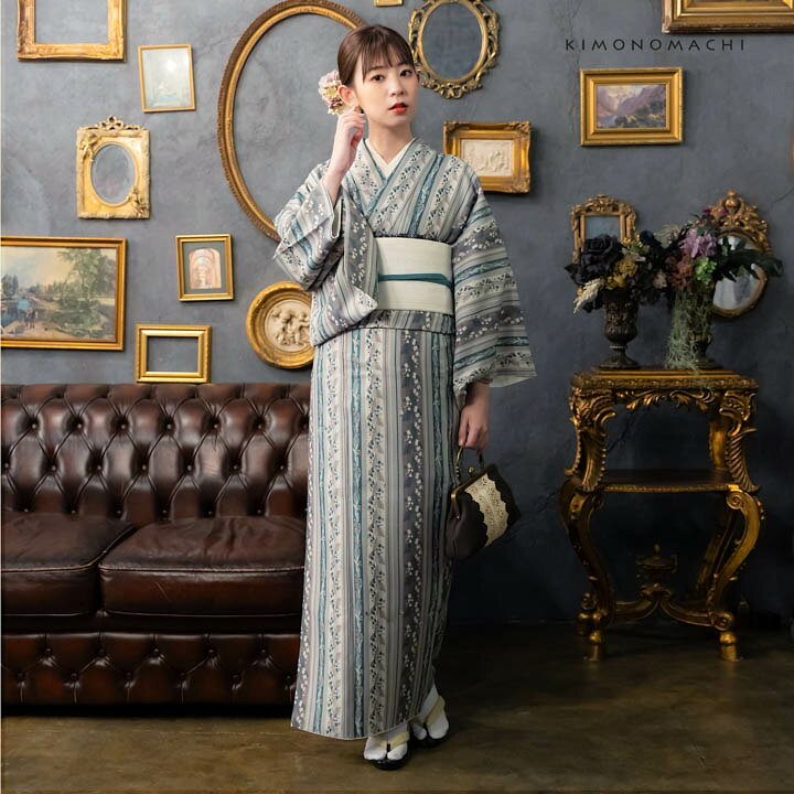 楽天市場】洗える着物 袷着物単品「縞すずらん パープル×グリーン 